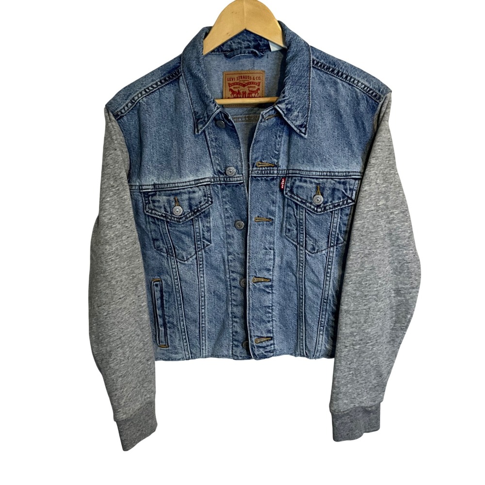 Levi Strauss Co Denim Jacket Gray‎ Sleeve Hoodie Hybrid Trucker Womens Medium